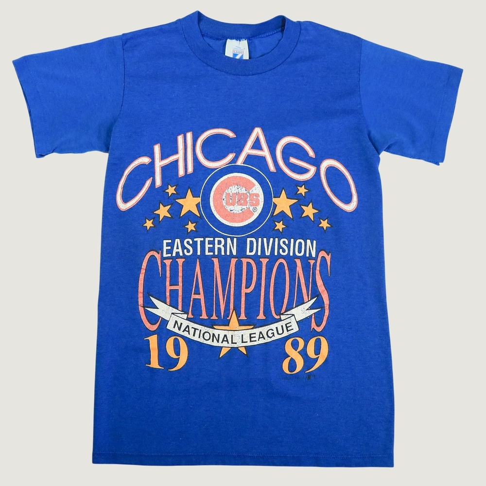 Vintage Logo 7 Chicago Cubs T Shirt Mens Small Blue 1989 NL East Champions MLB